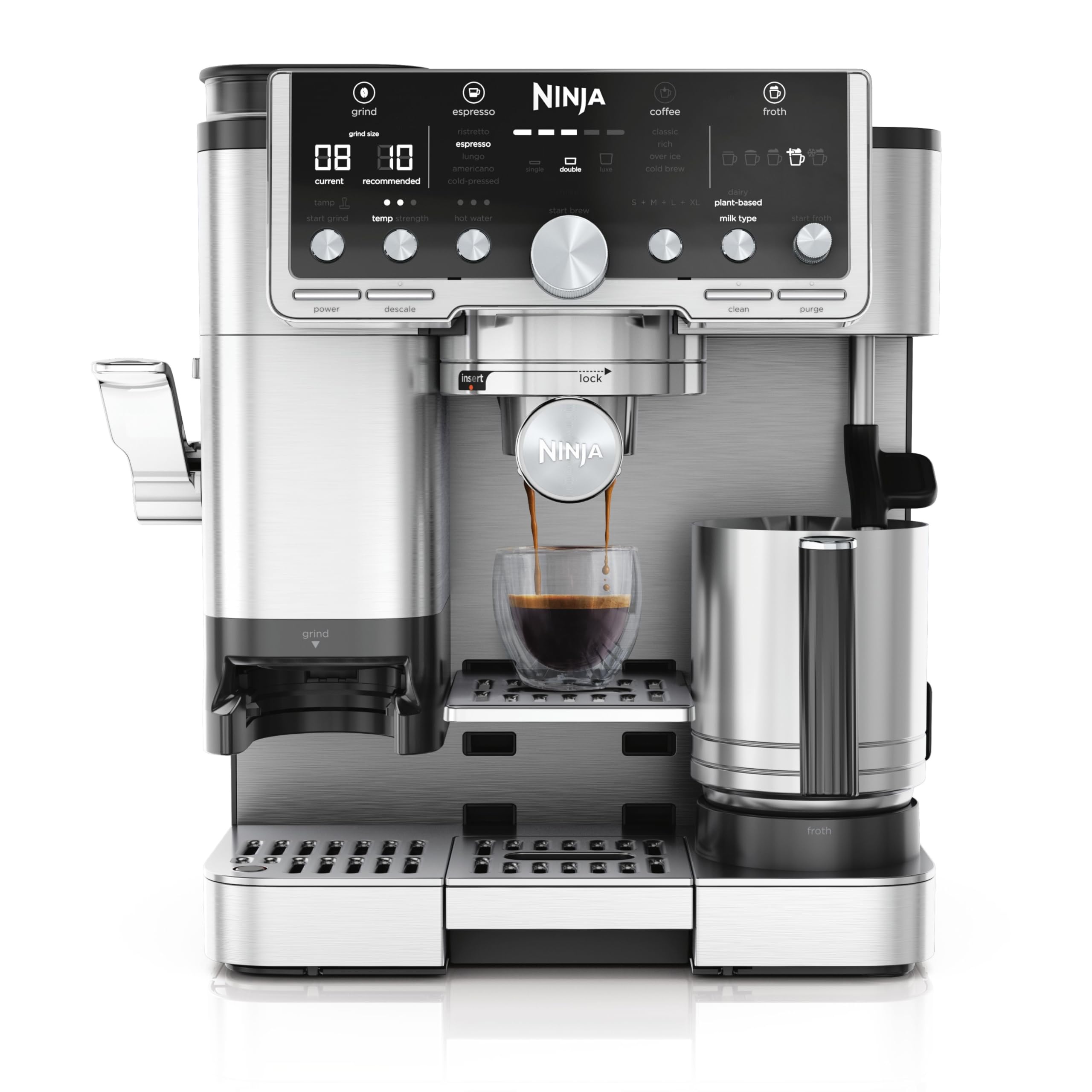 Ninja Luxe Pro 3-in-1-Kaffeemaschine, Silber, ES701EU, einfache Handhabung | mit Mahlwerk und Aufschäumer für Latte, Cappuccino, Cold Brew & Espresso, 5 Voreinstellungen zum Aufschäumen