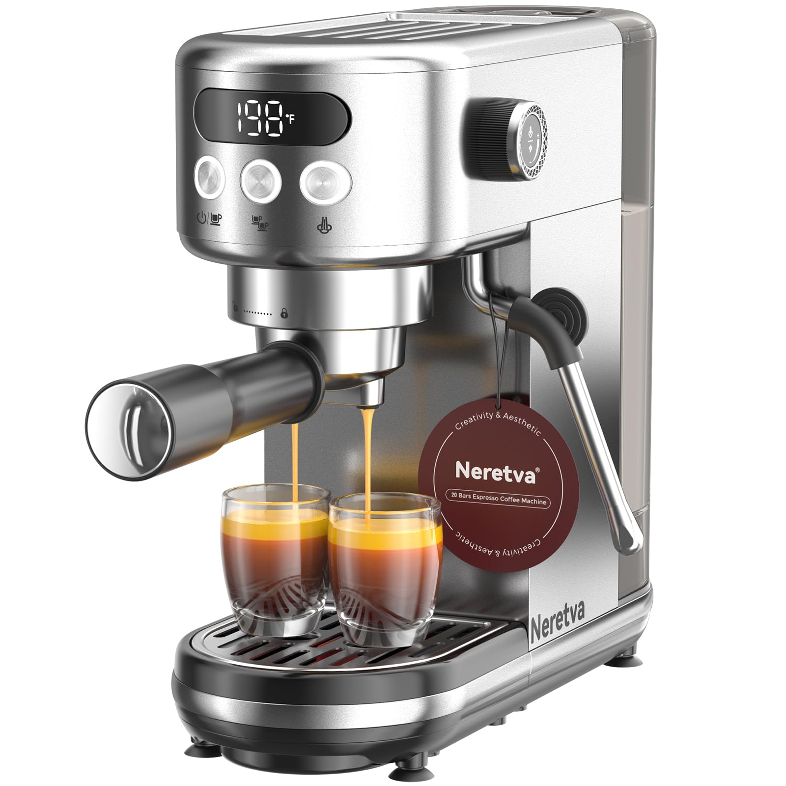 Neretva Siebträgermaschine, 20 Bar Klein Espressomaschine Edelstahl Professionelle Siebträger Kaffeemaschine mit LED-Anzeige & Starker Milchschäumer für Barista, Espresso, Latte und Cappuccino Silber
