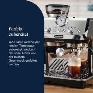 De'Longhi Siebträgermaschine La Specialista Arte EC9155.MB, Espressomaschine mit Mahlwerk, 8 Mahlgrade, 15 Bar, 3 Temperaturen, Milchschaumdüse, 1550W, 1,7L Tank, Edelstahl/Schwarz inkl. Barista-Kit Edelstahl / Schwarz ohne Cold Brew